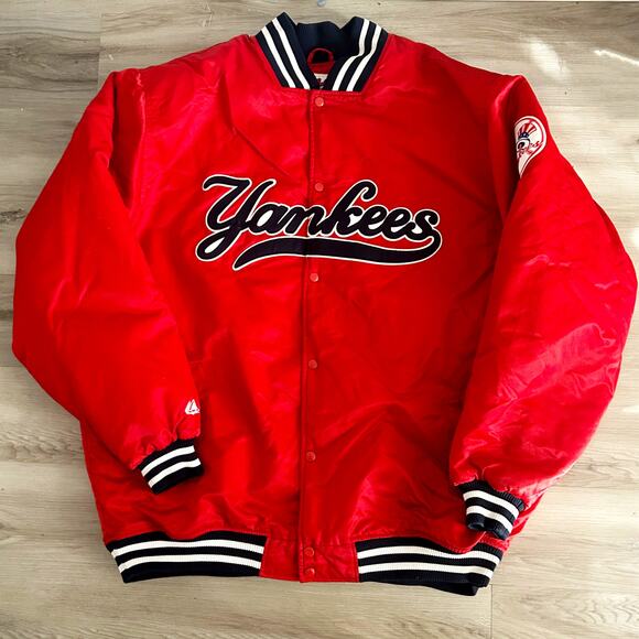 Vintage 90's Majestic Varsity Jacket MLB New York Yankees Satin Red Mens Sz 4XL - Picture 1 of 11